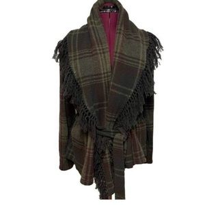 Lauren Ralph Lauren | Plaid Lambswool Shawl Tassel Fringe Cardigan Sweater Large